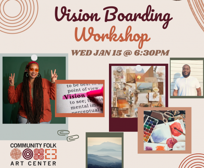 Vision Boarding Workshop at The Community Folk Art Center. Image of Iris Williams, Kofi Antwi, art materials