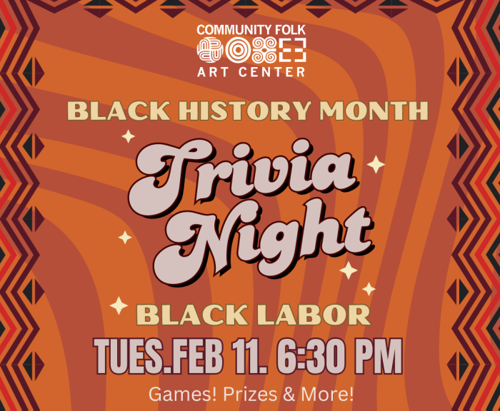 Image of Black History Month Trivia night - Black Labor flyer at the Community Folk Art center, decorative tribal border, star like decoration